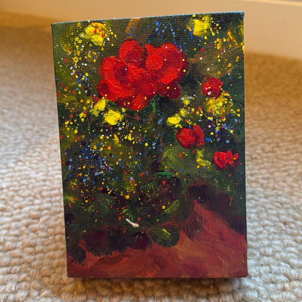 Hand painted oil on canvas 5”x7”x1.5” floral wall paque